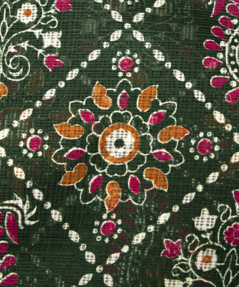 Forest Green Colour Traditional Print Kota Doria Fabric