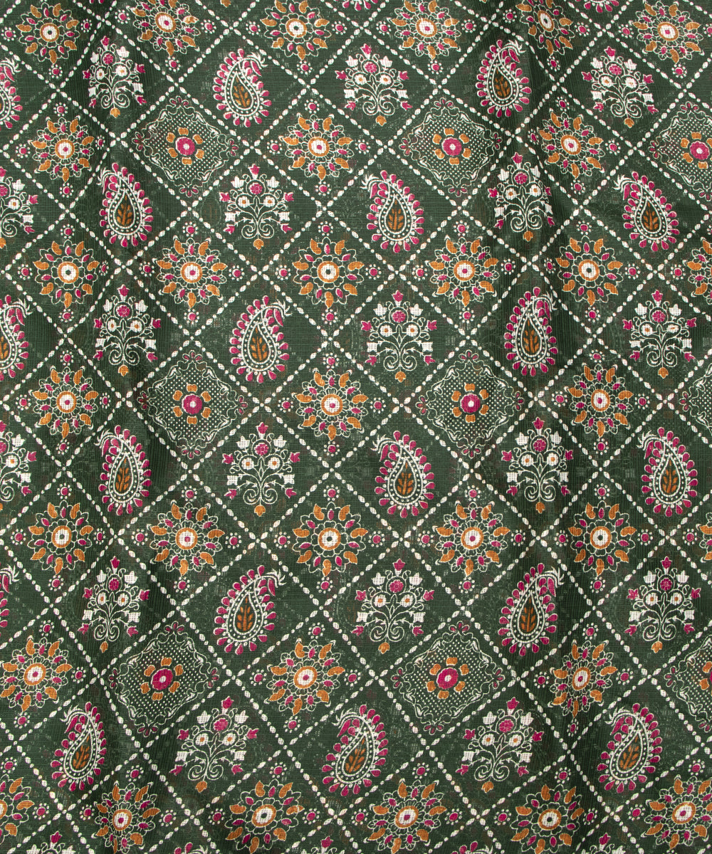 Forest Green Colour Traditional Print Kota Doria Fabric