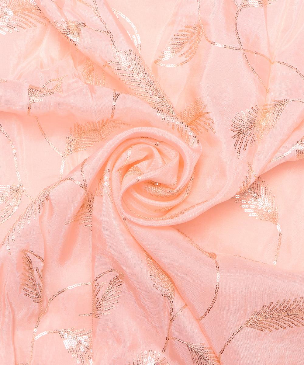Light Peach Colour Sequin Embroidery Leaf Pattern Uppada Silk Fabric