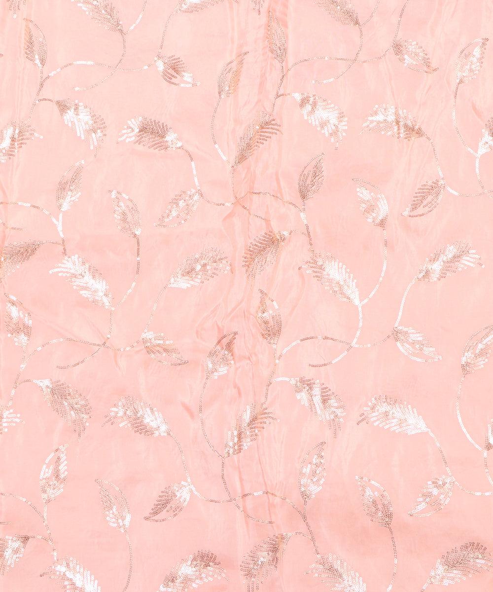 Light Peach Colour Sequin Embroidery Leaf Pattern Uppada Silk Fabric