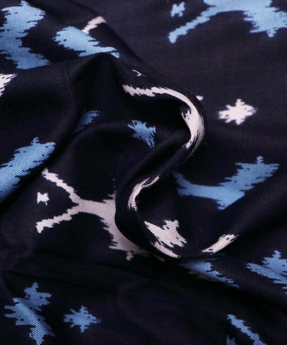 navy blue and white ikat print rayon fabric
