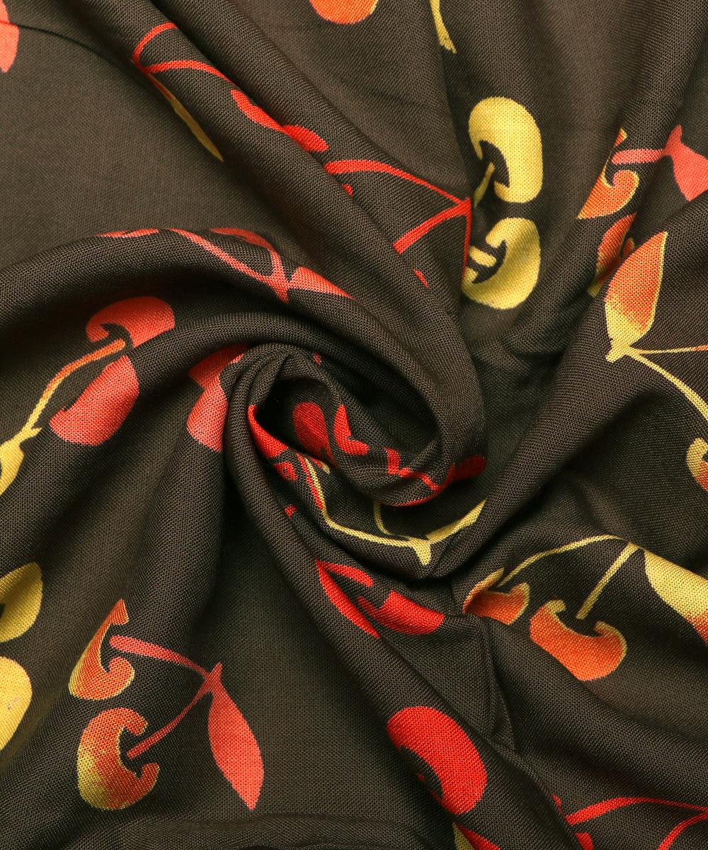 rust green cherry print rayon fabric