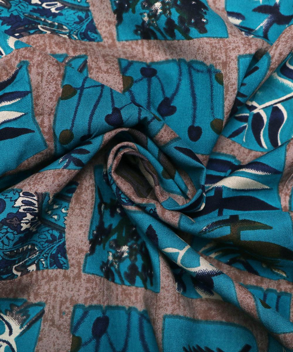 teal green leaf print rayon fabric