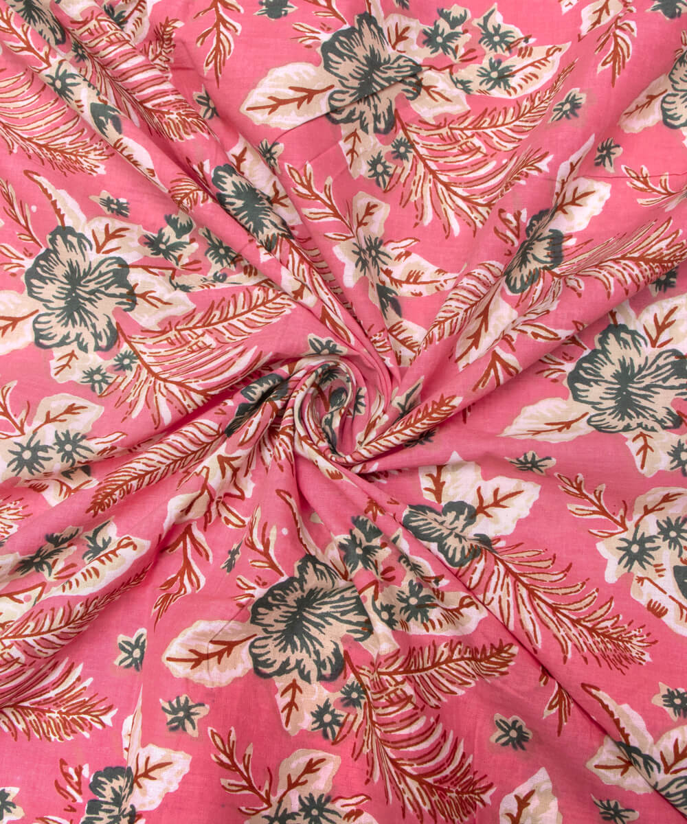 Pink Colour Floral Print Cotton Fabric