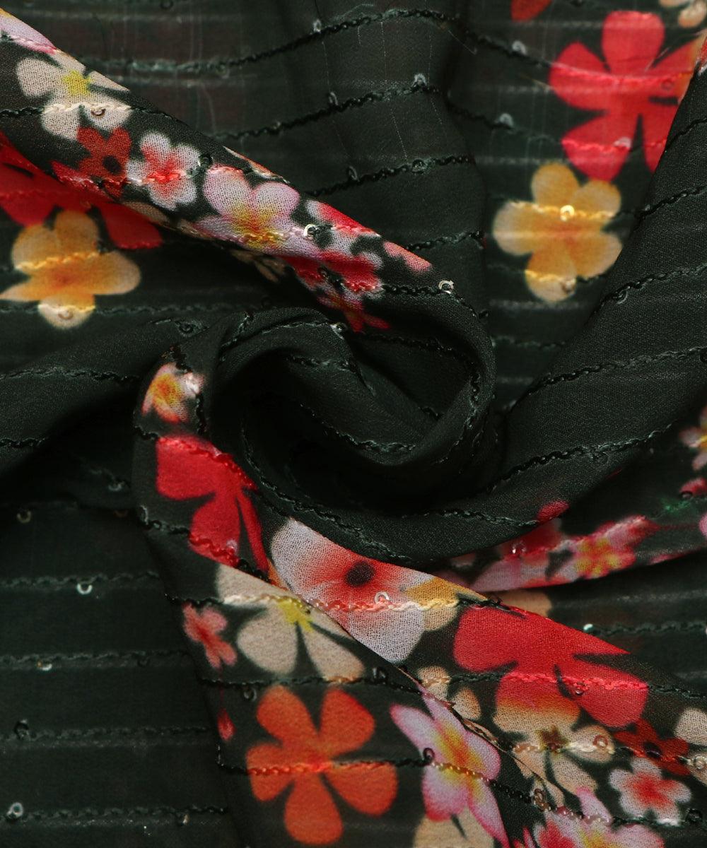 bottle green digital print georgette silk sequin embroidery fabric