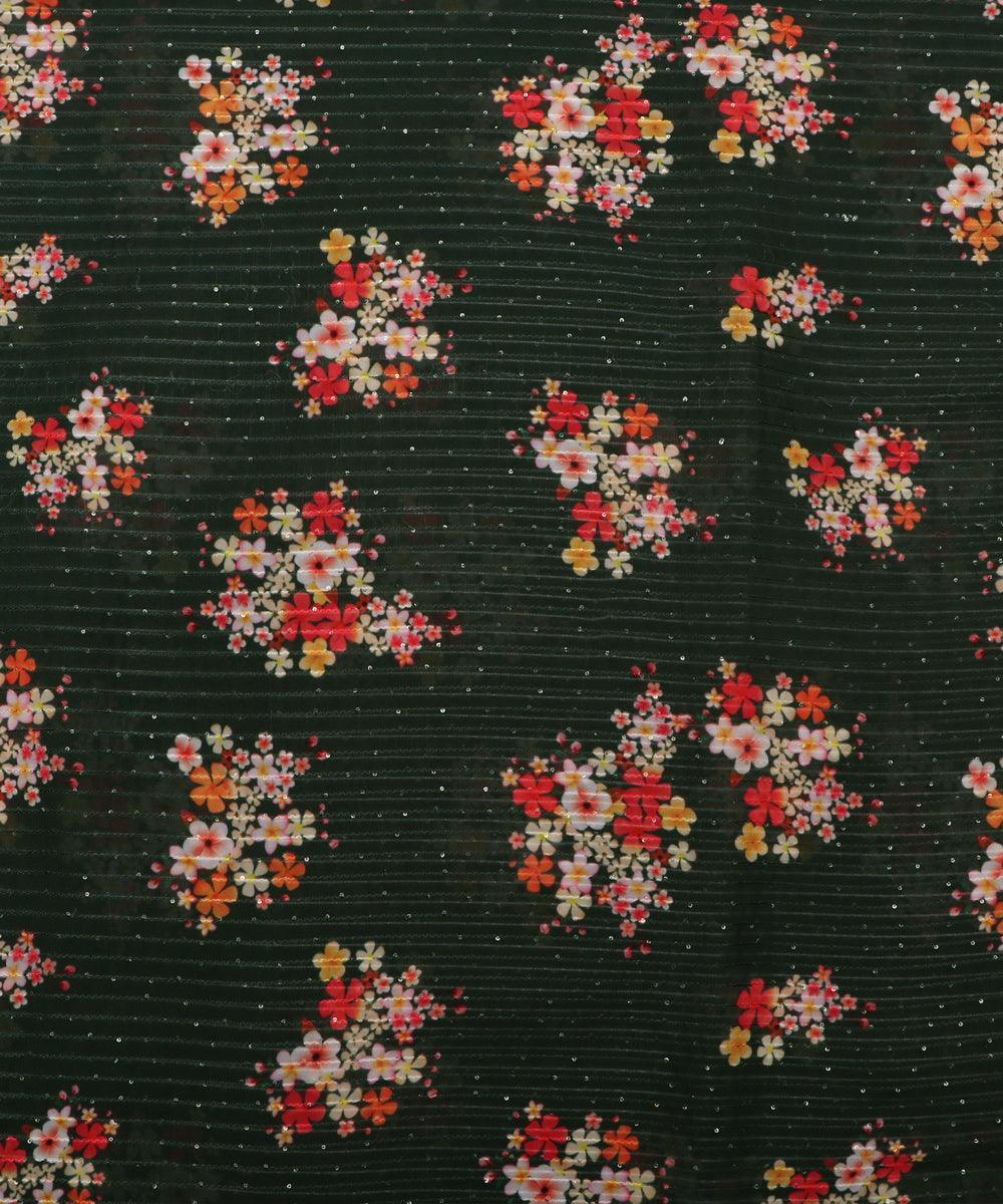bottle green digital print georgette silk sequin embroidery fabric