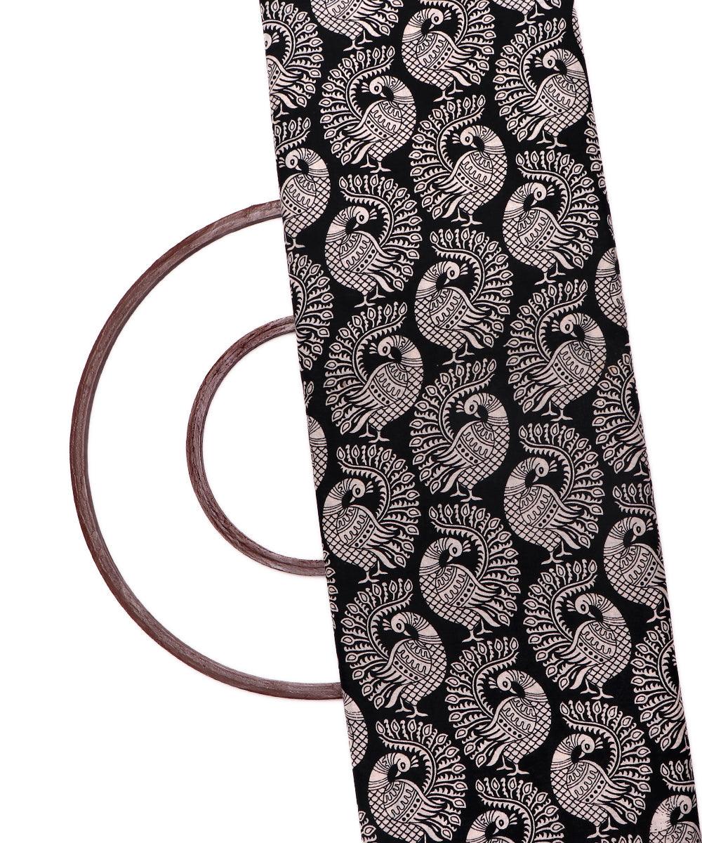 black warli peacock print cotton fabric