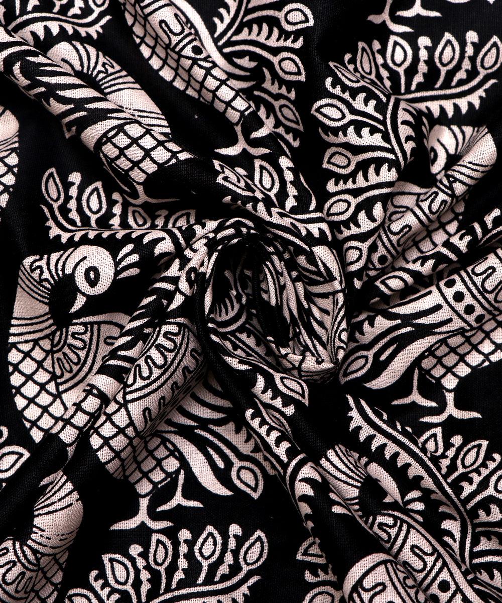 black warli peacock print cotton fabric