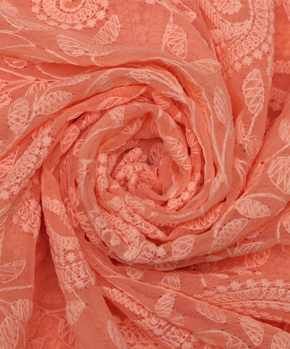 pastel peach colour chikan embroidery georgette fabric