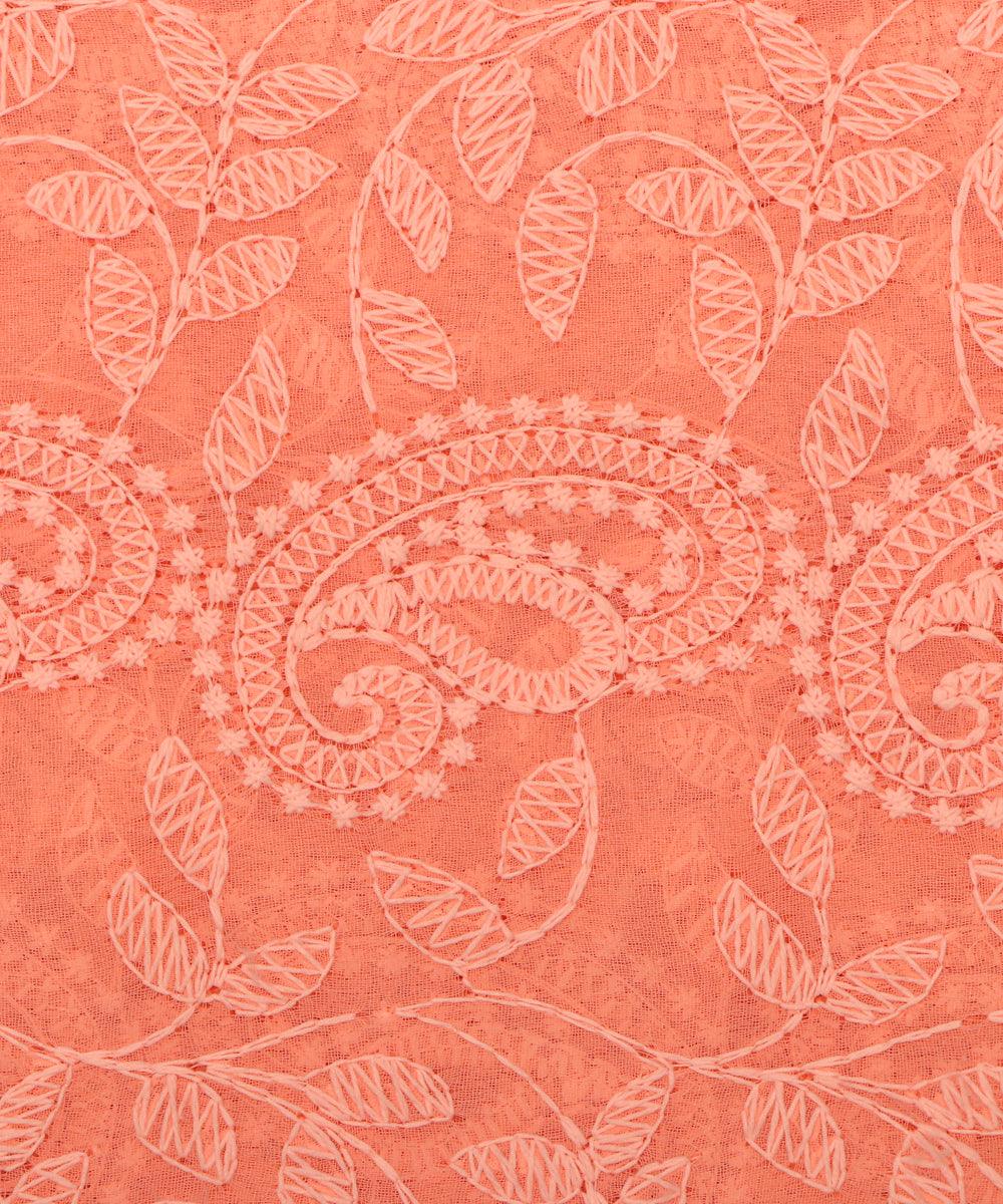 pastel peach colour chikan embroidery georgette fabric