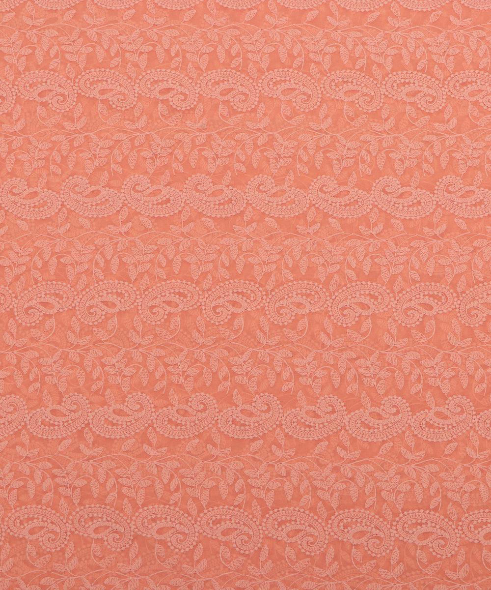 pastel peach colour chikan embroidery georgette fabric