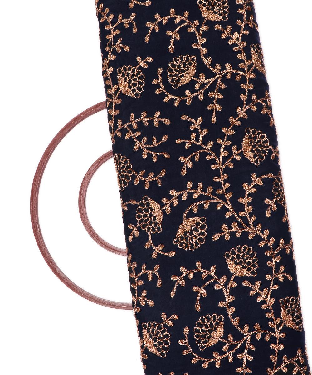 navy blue colour floral zari embroidery velvet fabric