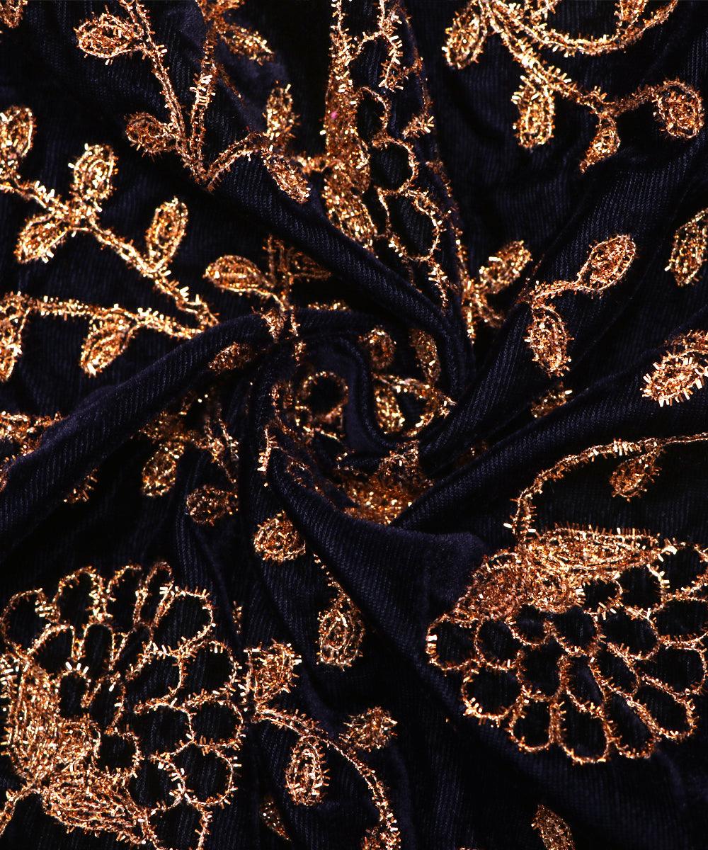 navy blue colour floral zari embroidery velvet fabric