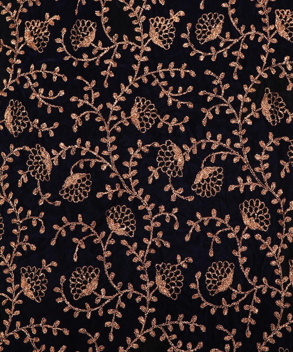 navy blue colour floral zari embroidery velvet fabric