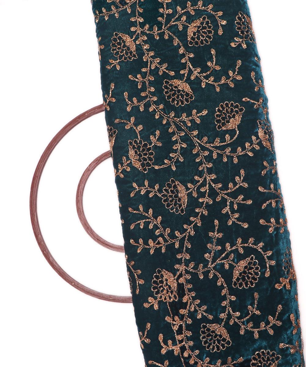 peacock blue colour two tone floral zari embroidery velvet fabric