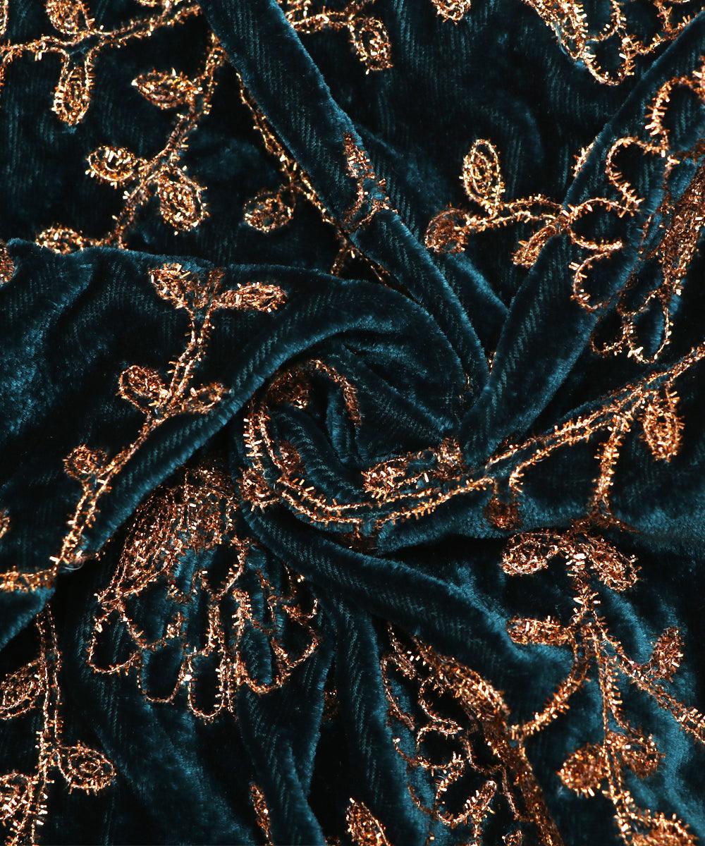 peacock blue colour two tone floral zari embroidery velvet fabric