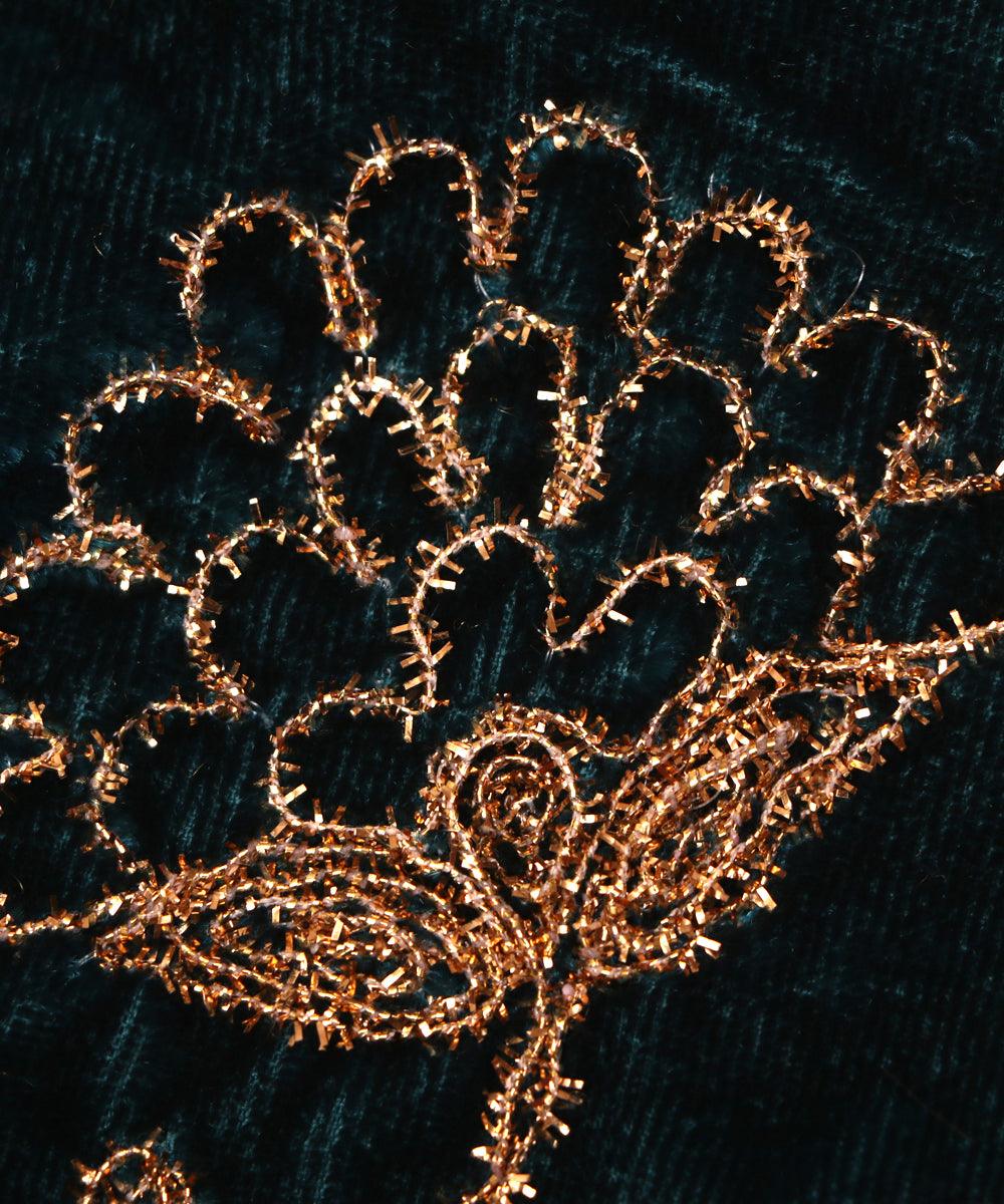 peacock blue colour two tone floral zari embroidery velvet fabric