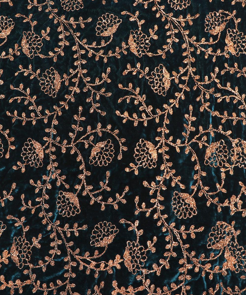 peacock blue colour two tone floral zari embroidery velvet fabric