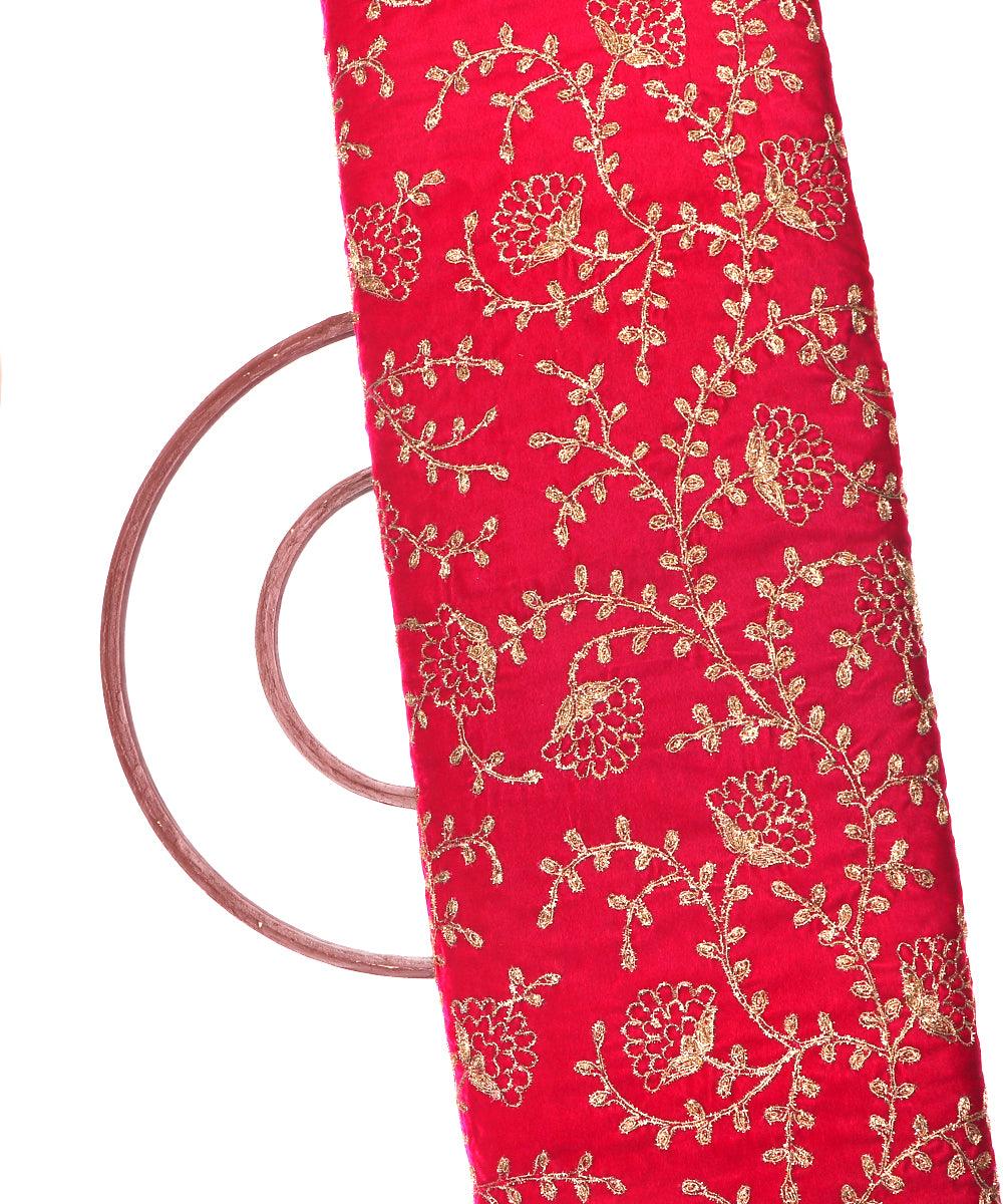 magenta colour floral zari embroidery velvet fabric