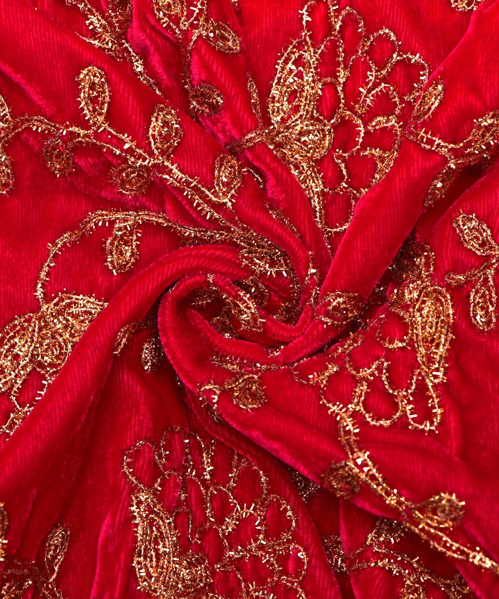 magenta colour floral zari embroidery velvet fabric