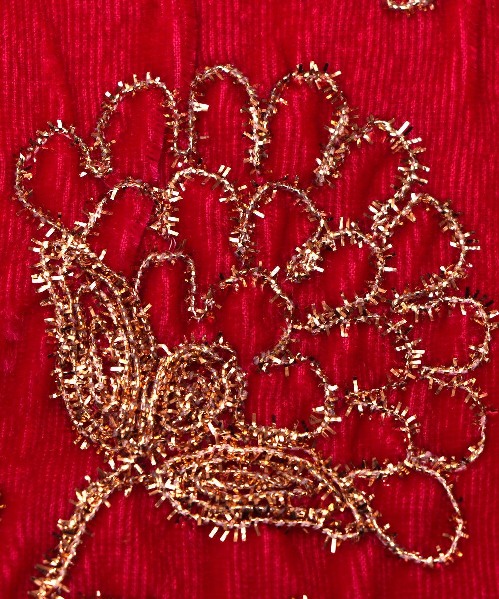 magenta colour floral zari embroidery velvet fabric