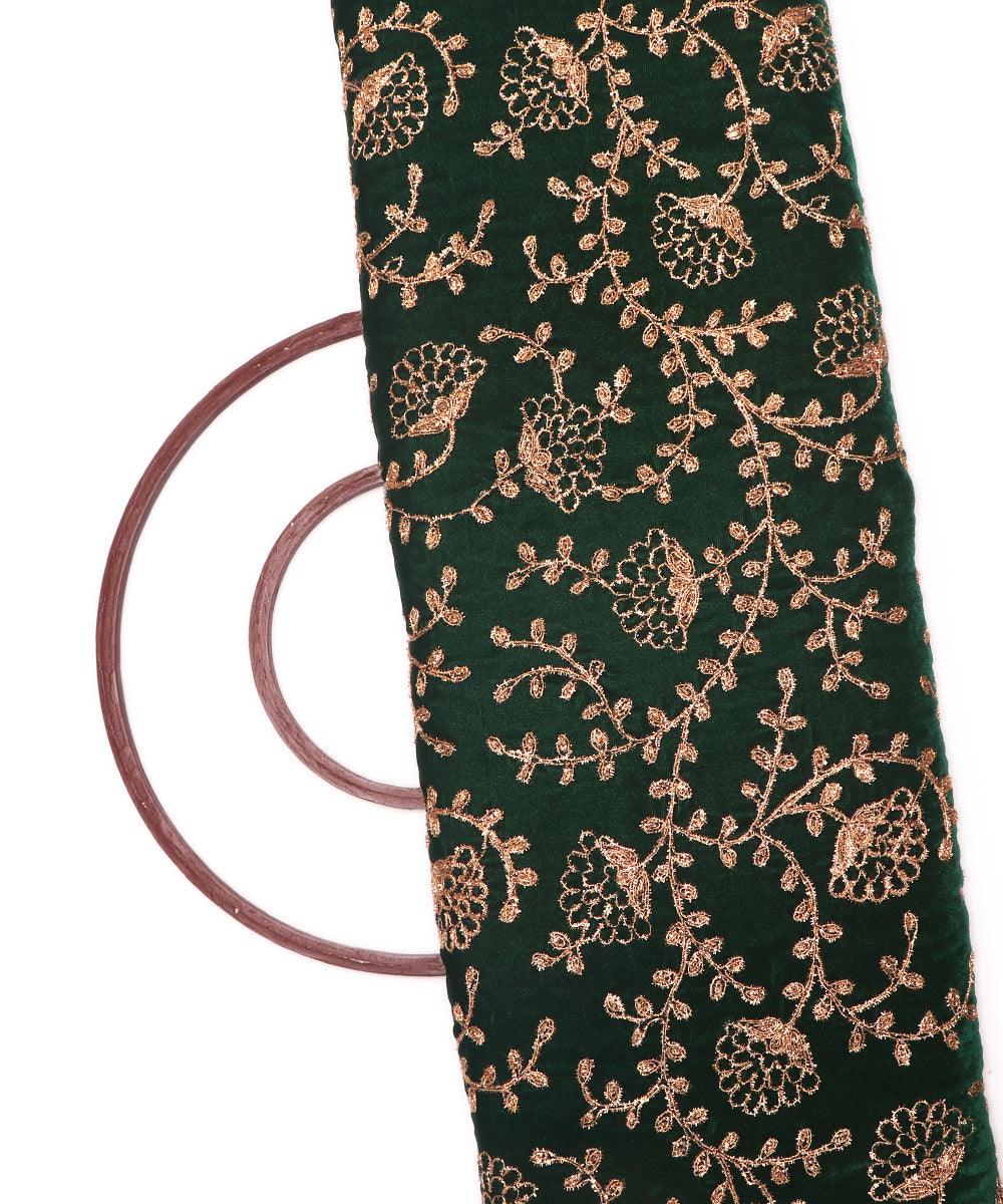 bottle green colour floral zari embroidery velvet fabric