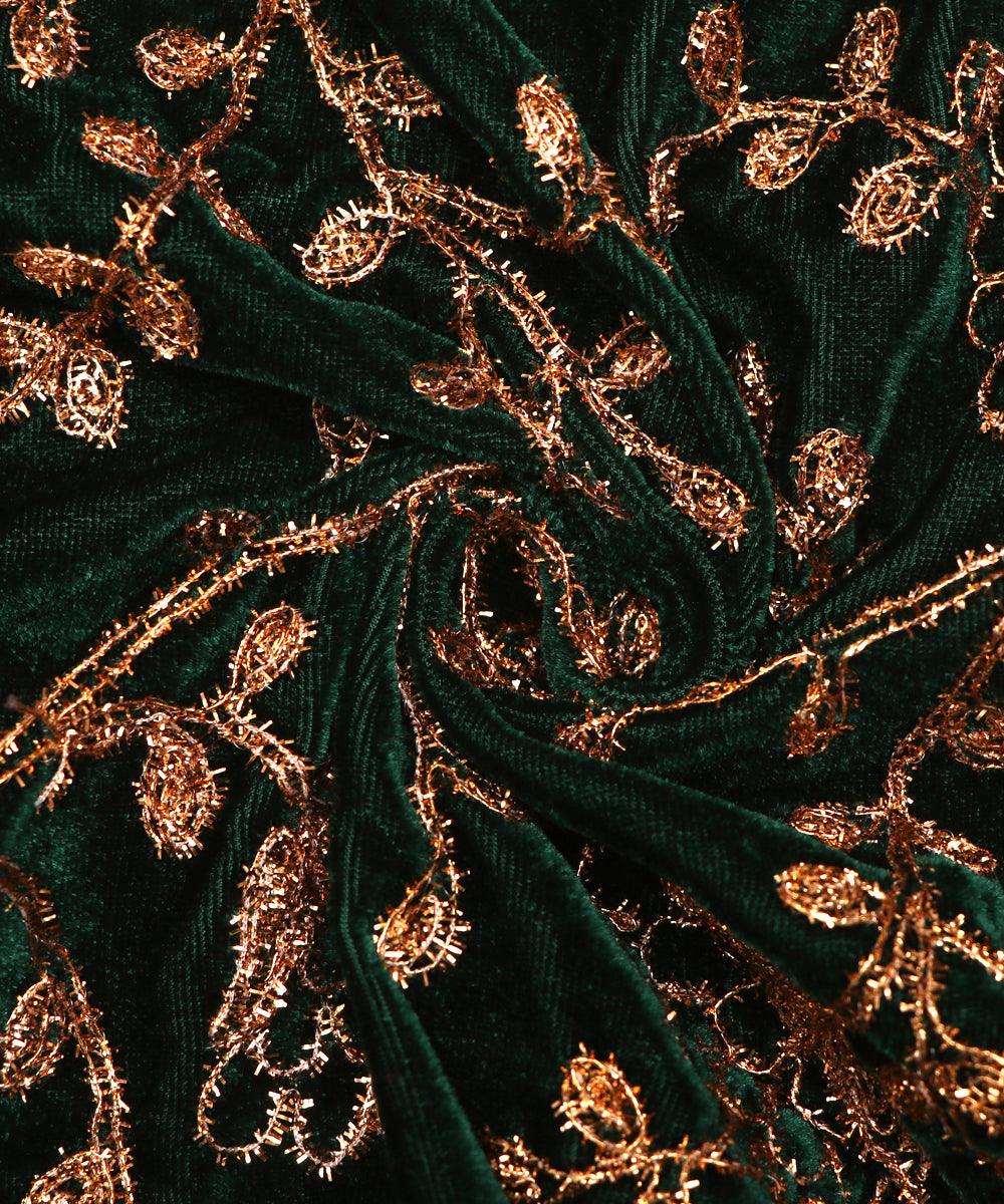 bottle green colour floral zari embroidery velvet fabric