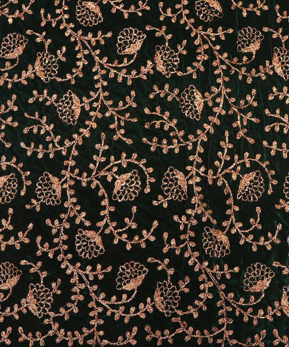 bottle green colour floral zari embroidery velvet fabric