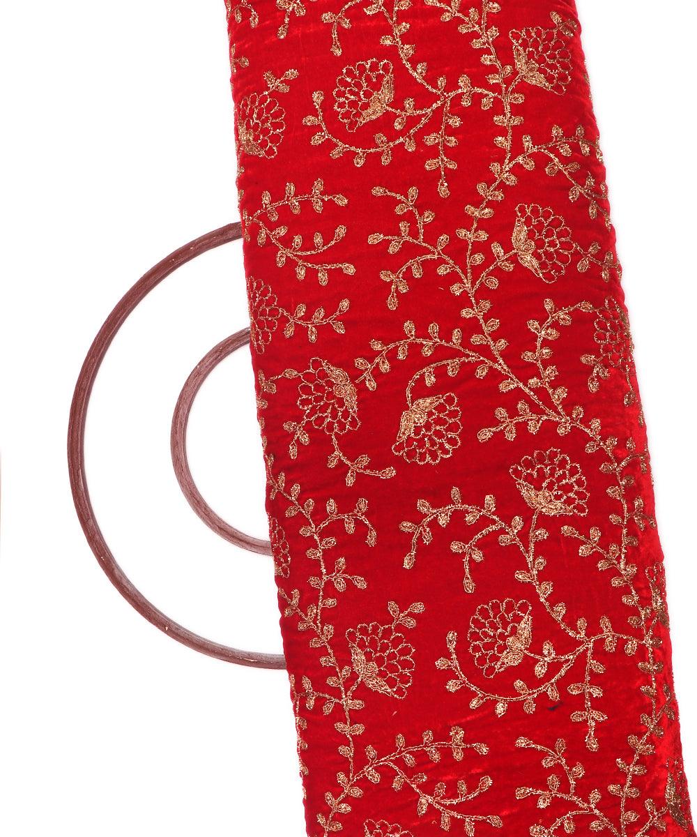 red colour floral zari embroidery velvet fabric