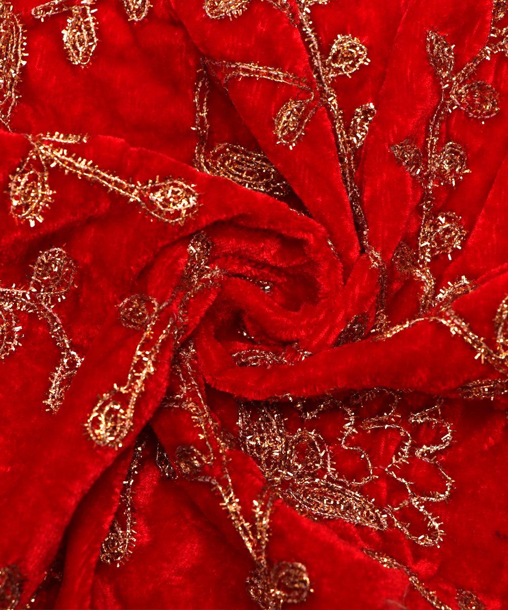 red colour floral zari embroidery velvet fabric