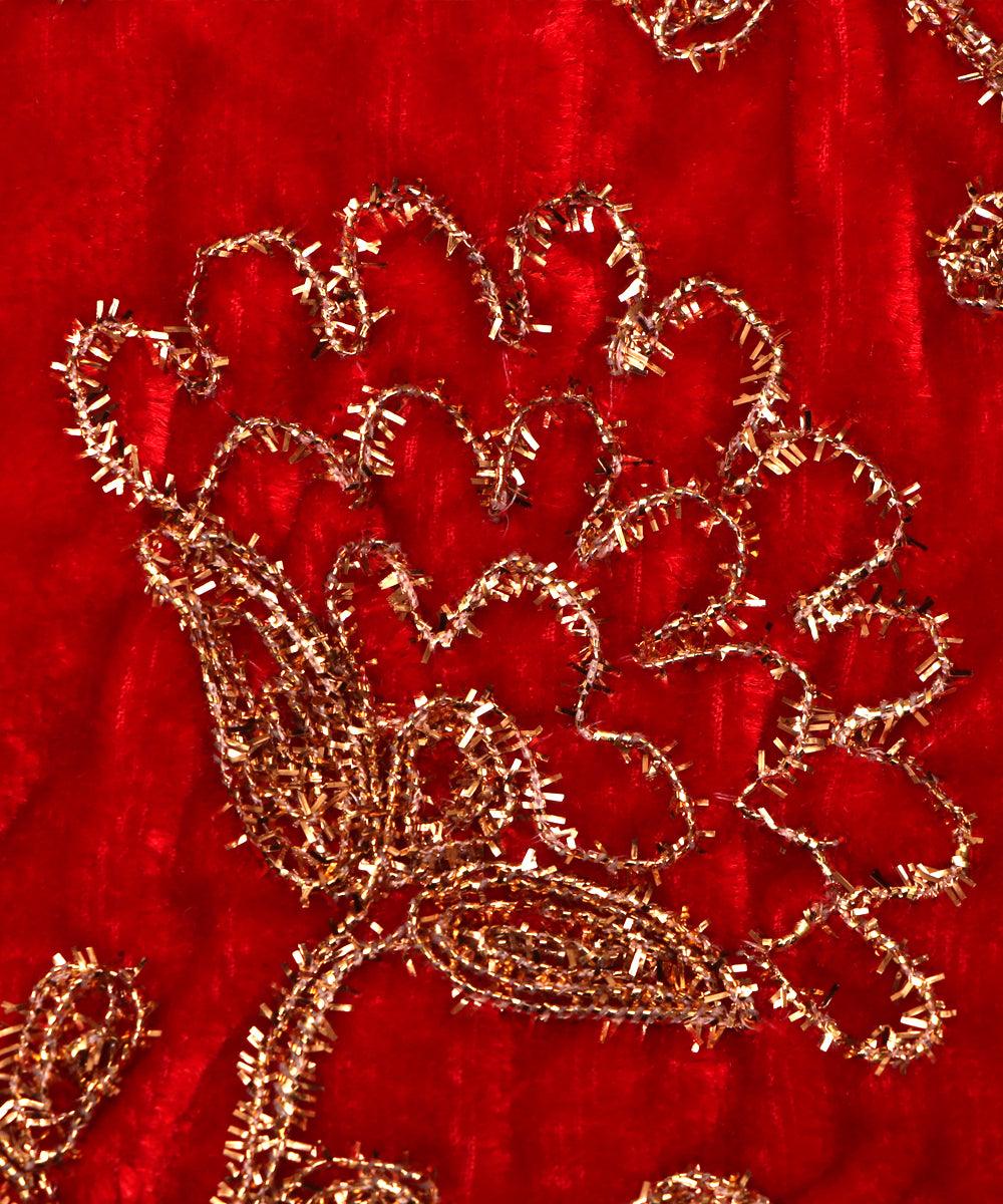 red colour floral zari embroidery velvet fabric