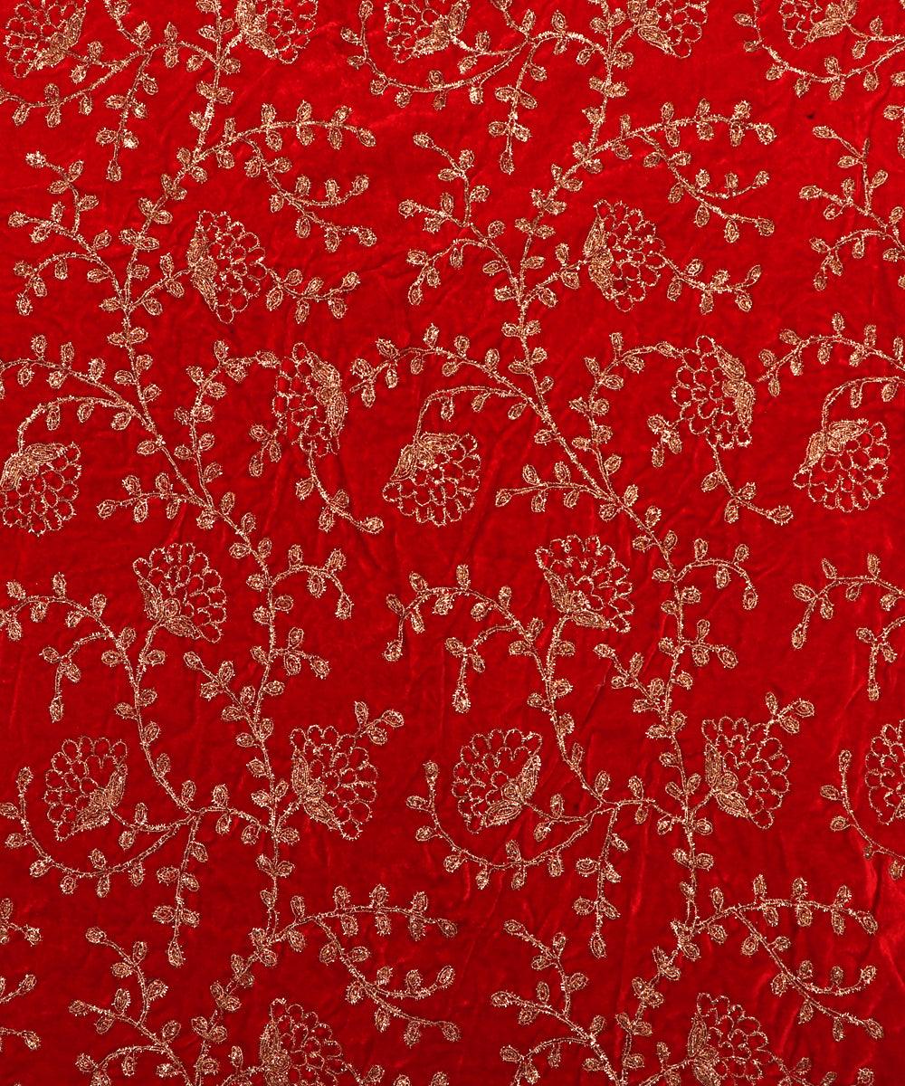 red colour floral zari embroidery velvet fabric