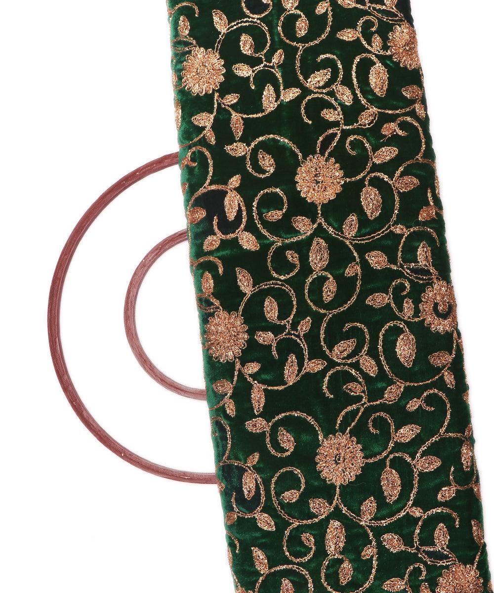 bottle green colour floral zari embroidery velvet fabric 1