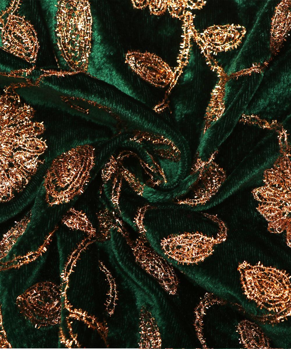 bottle green colour floral zari embroidery velvet fabric 1