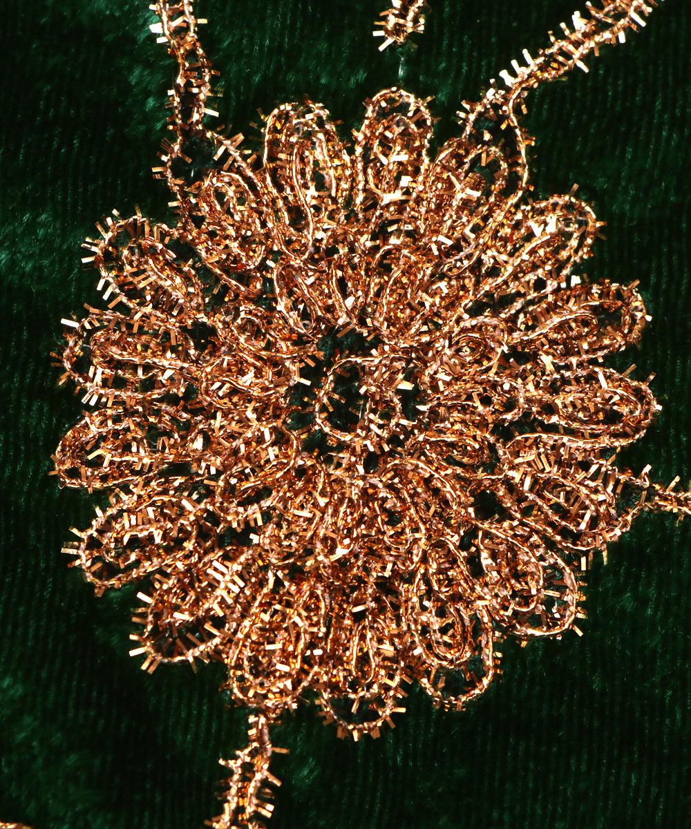 bottle green colour floral zari embroidery velvet fabric 1
