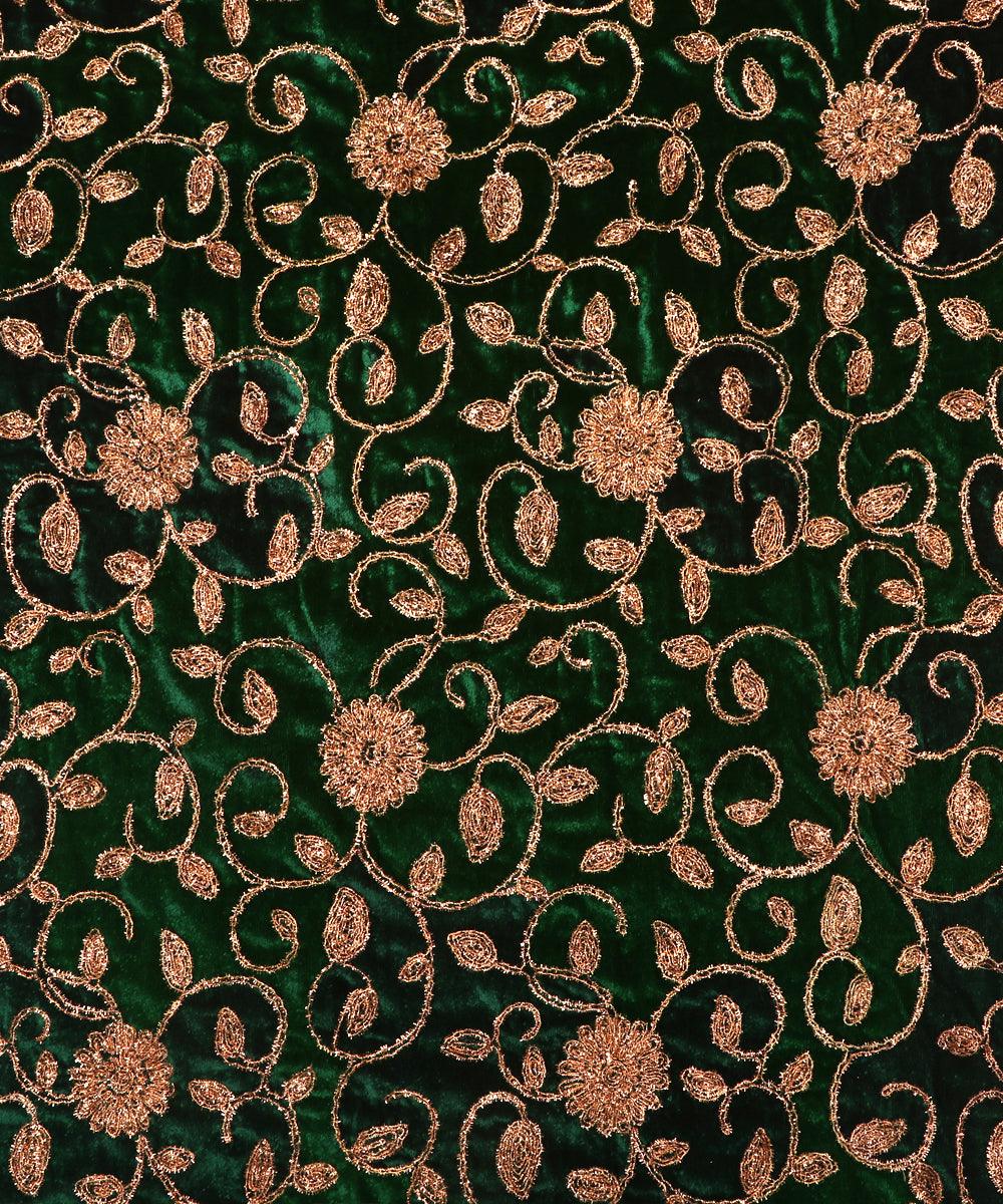 bottle green colour floral zari embroidery velvet fabric 1
