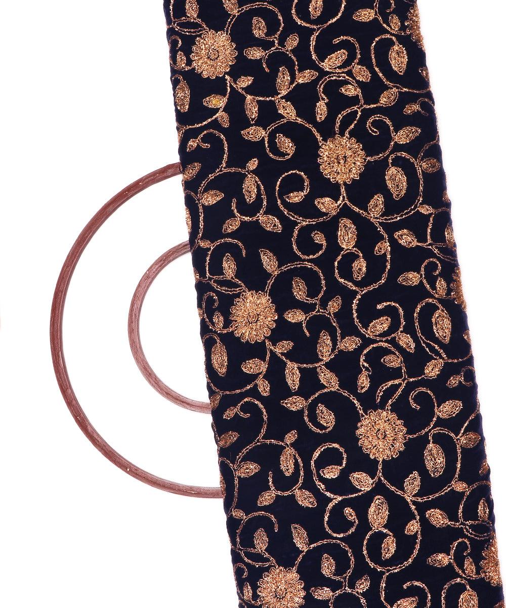 navy blue colour floral zari embroidery velvet fabric 1