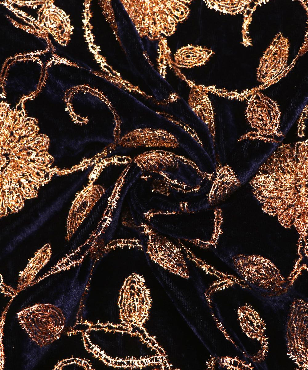navy blue colour floral zari embroidery velvet fabric 1