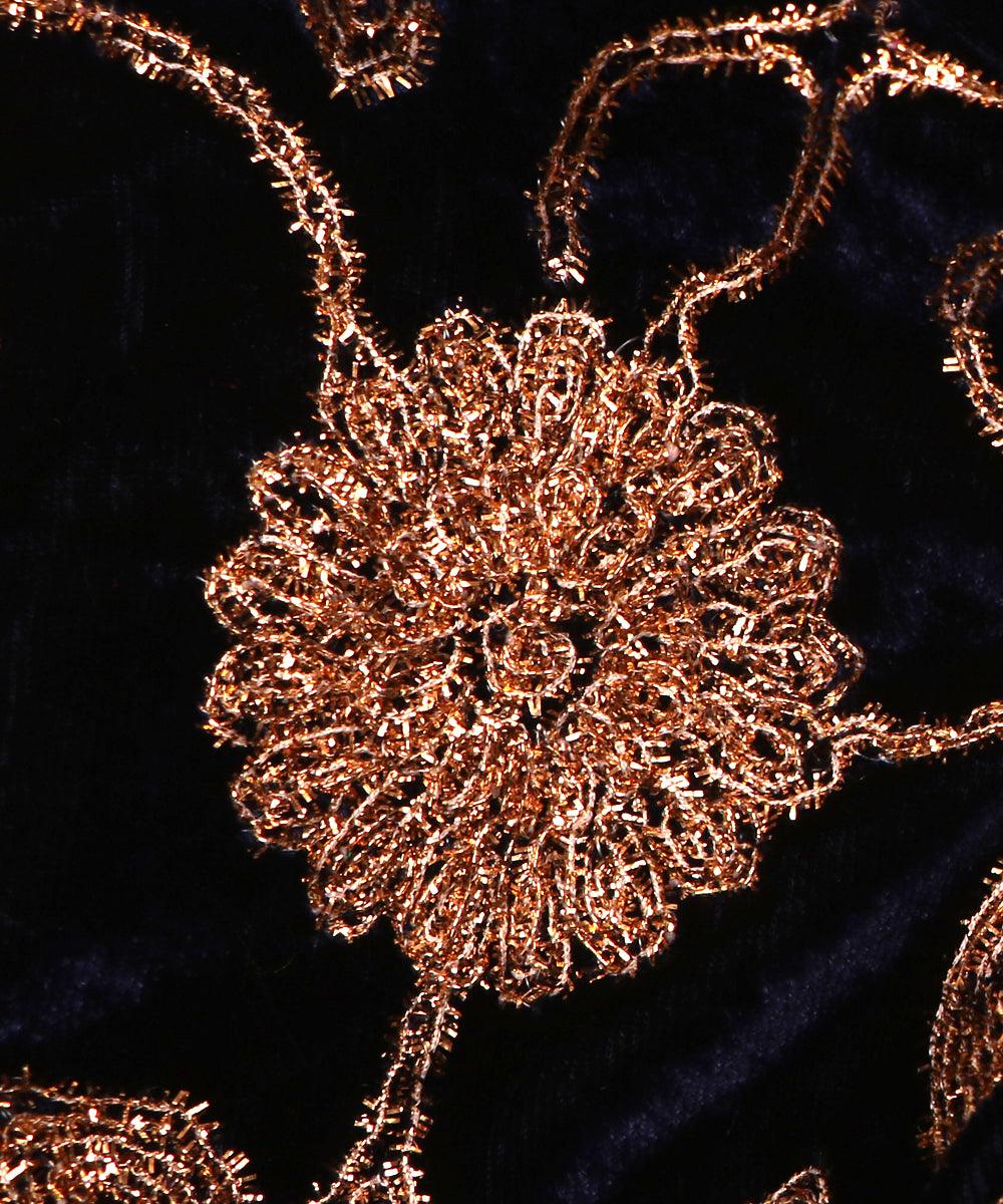 navy blue colour floral zari embroidery velvet fabric 1