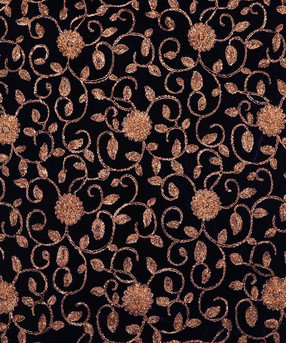 navy blue colour floral zari embroidery velvet fabric 1