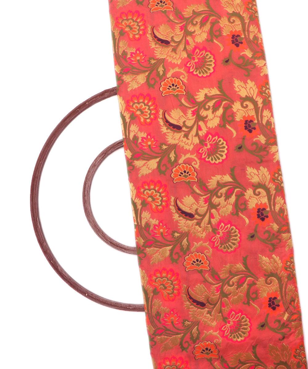 tomato rust color floral banarasi brocade silk fabric