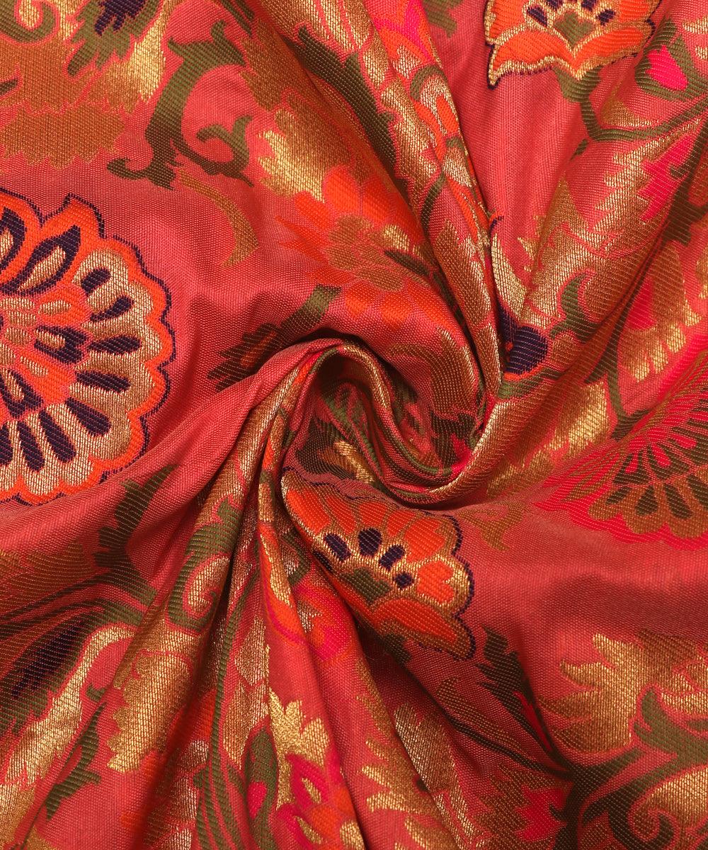 tomato rust color floral banarasi brocade silk fabric