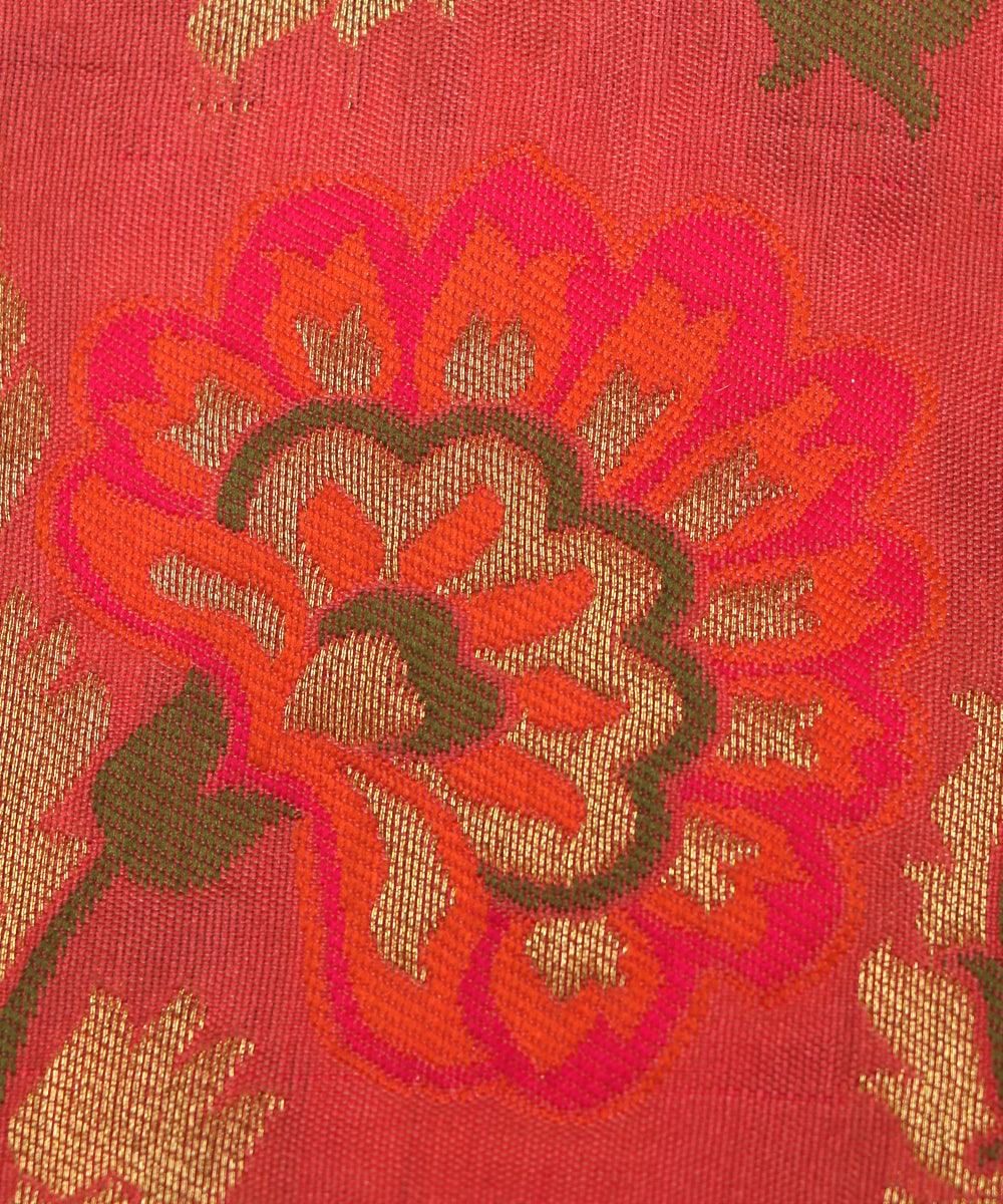 tomato rust color floral banarasi brocade silk fabric