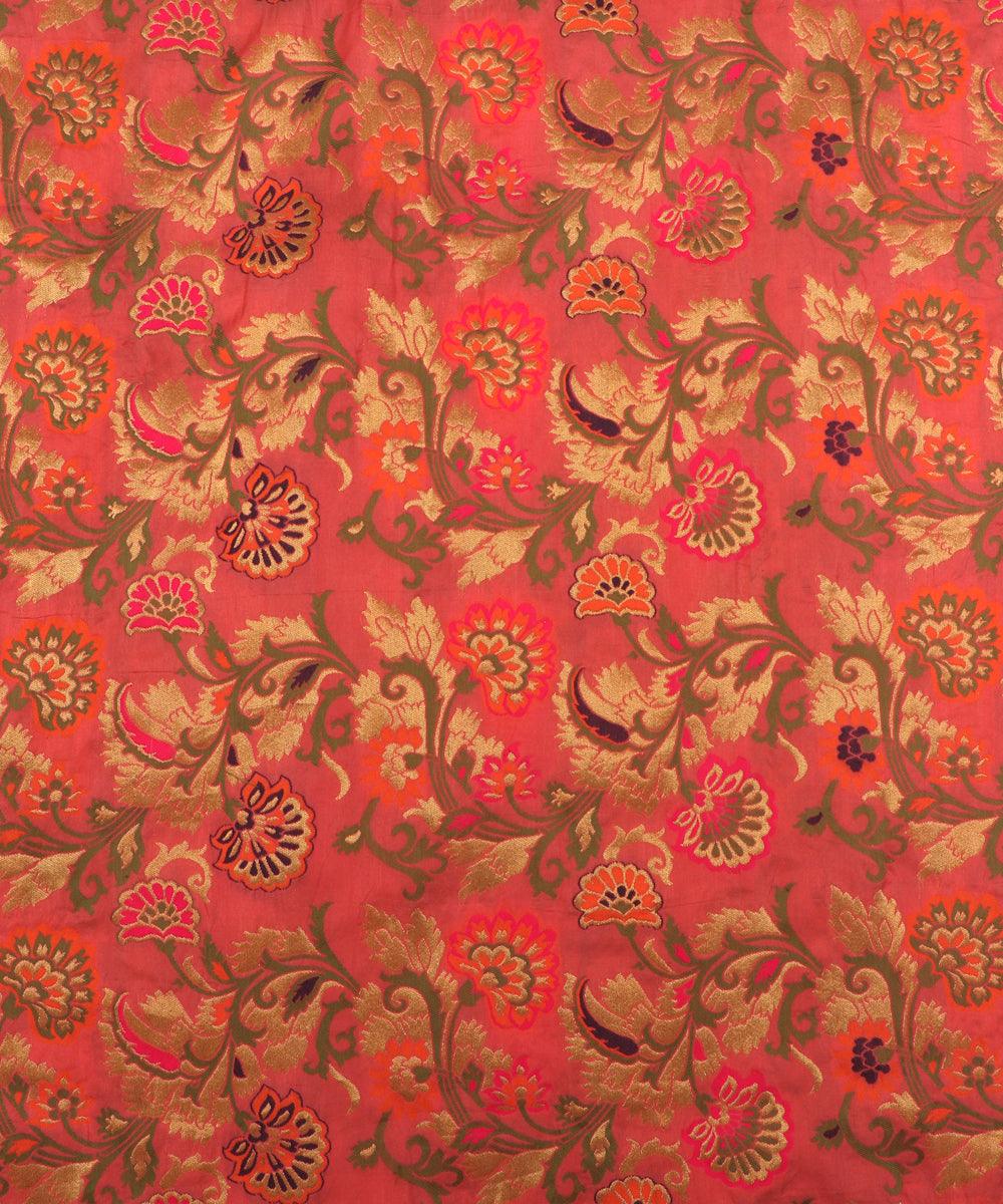 tomato rust color floral banarasi brocade silk fabric