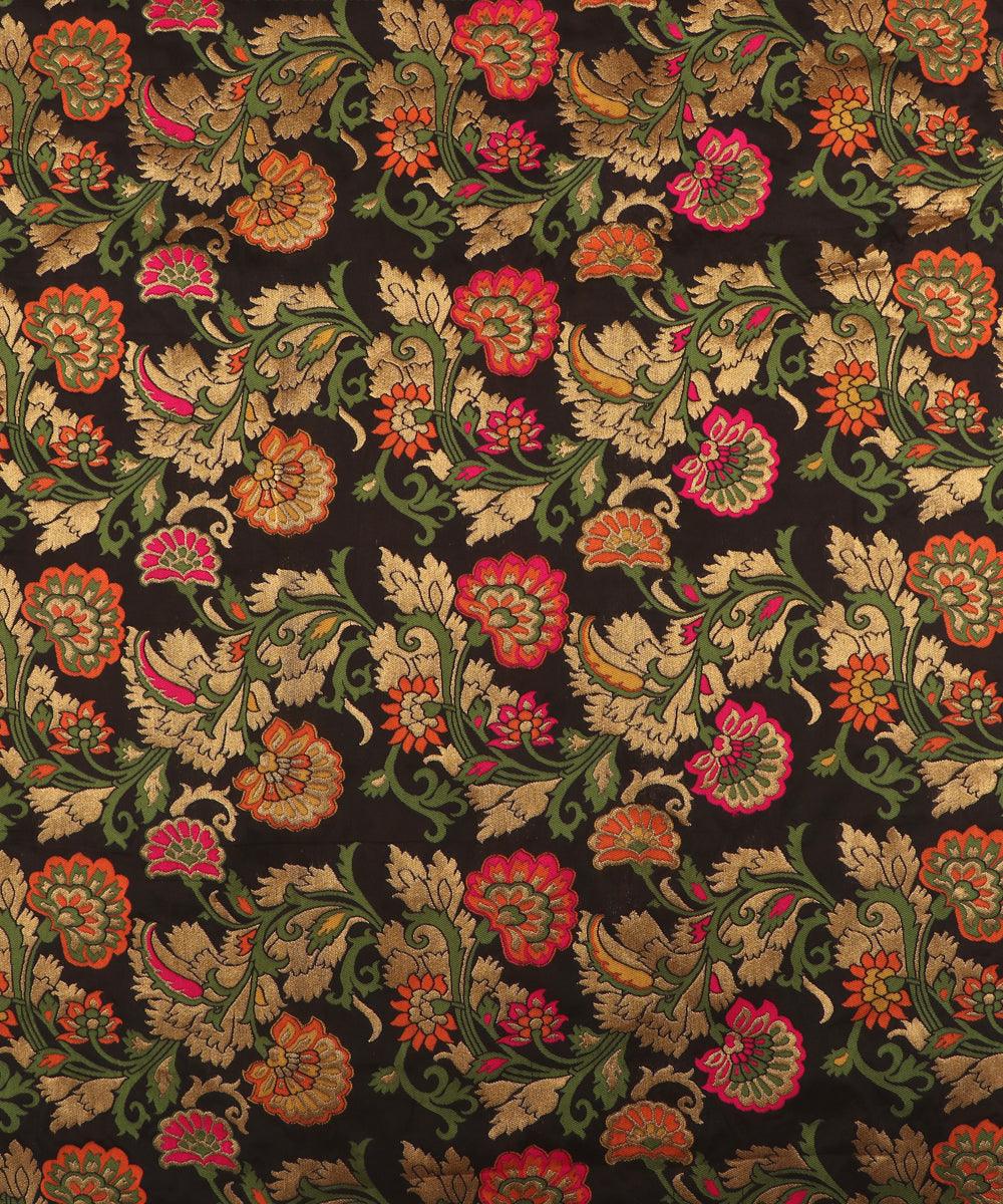 black color floral banarasi brocade silk fabric