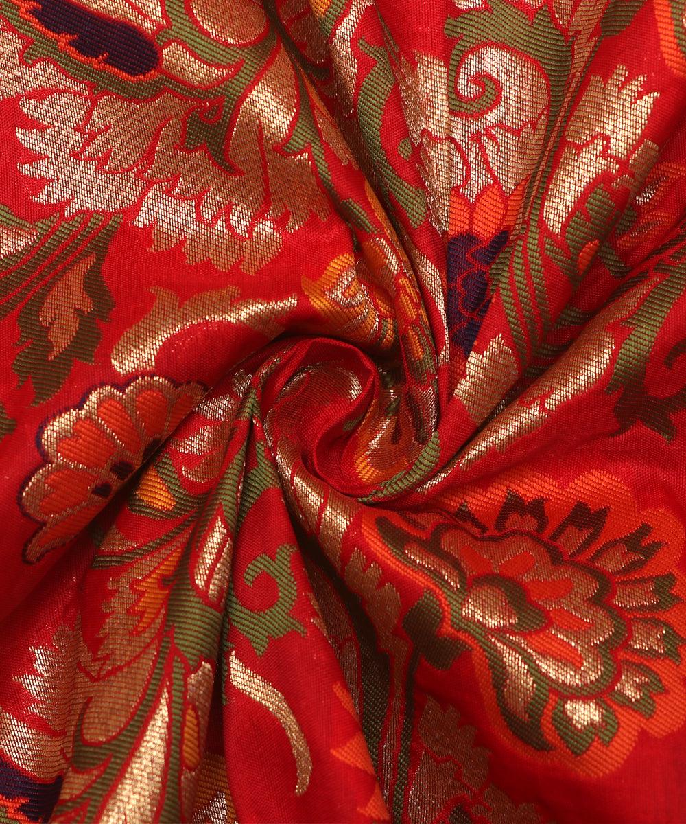 red color floral banarasi brocade silk fabric 1