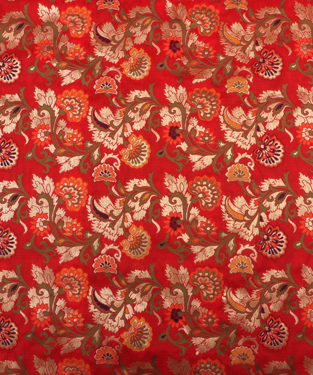 red color floral banarasi brocade silk fabric 1