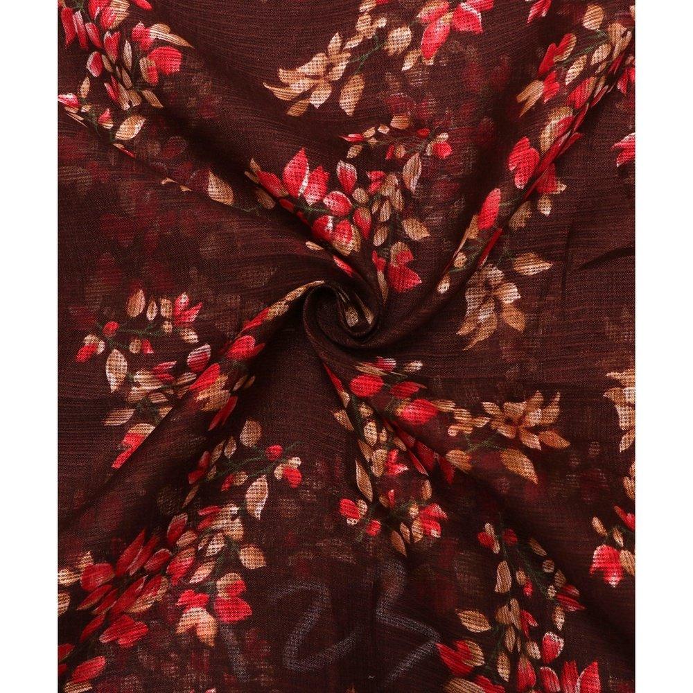 brown colour floral print kota doria fabric