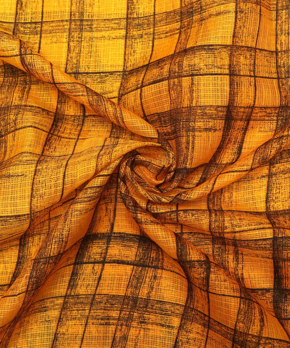 yellow colour checks print kota doria fabric