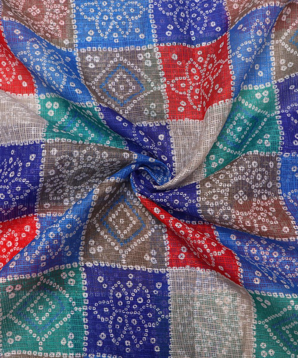 blue colour bandhani pattern checks print kota doria fabric